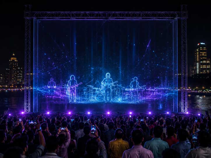 Concert stage with holographic screen effect using Holo Mesh for live music performance