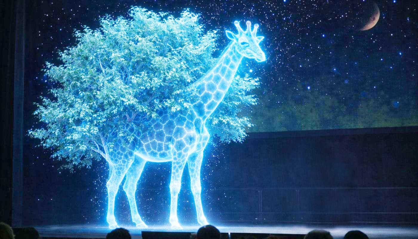 Holographic stage effect using Holo Mesh Screen - transparent projection mesh creating floating visual illusions on stage