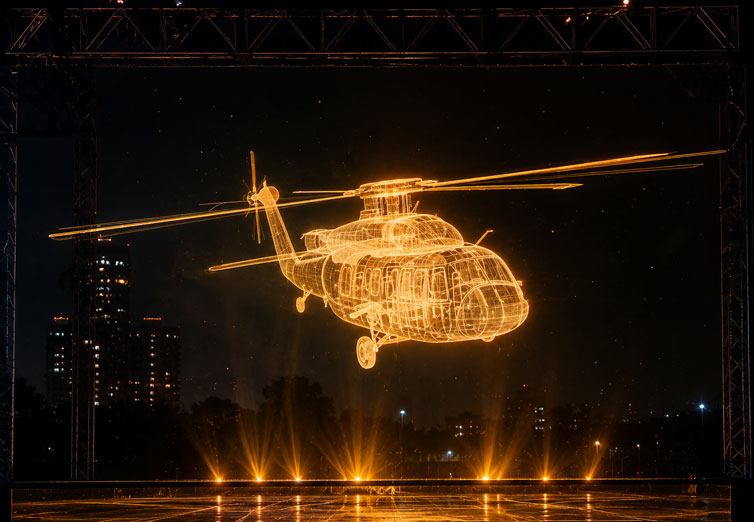 Military event using holographic projection mesh screen for defense ceremony presentation