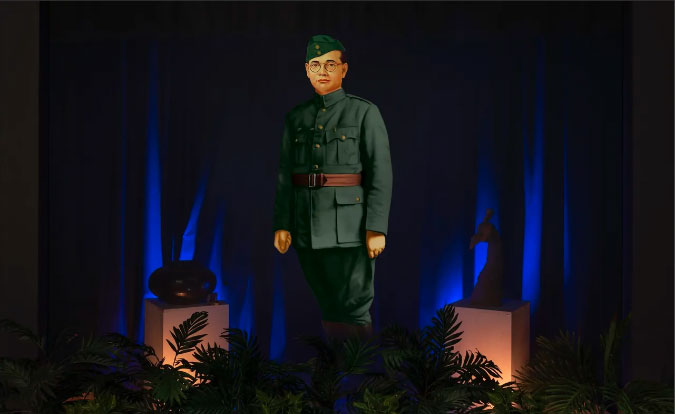 Museum installation with holographic display using transparent mesh screen for immersive exhibit
